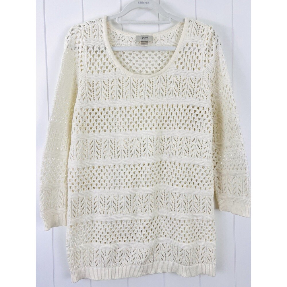 Loft Ivory White 100% Cotton Loose Knit Lightweight Cozy Long Sleeve Sweater Lrg
